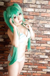 Green Hair Cosplay Asian In Her Bikini